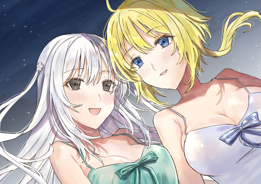 2girls :d absurdres ahoge amano_soraha armpit_crease assault_lily bare_arms bare_shoulders blonde_hair blue_background blue_camisole blue_eyes blue_ribbon blush breast_press breasts camisole cleavage collarbone commentary egawa_kusumi flower gradient_background green_camisole green_ribbons grey_background grey_eyes hair_between_eyes hair_flower hair_ornament heads_together highres large_breasts light_particles long_hair looking_at_another looking_to_the_side low_ponytail medium_breasts multiple_girls open_mouth parted_lips pohjola ponytail ribbon side-by-side smile spaghetti_strap upper_body white_hair