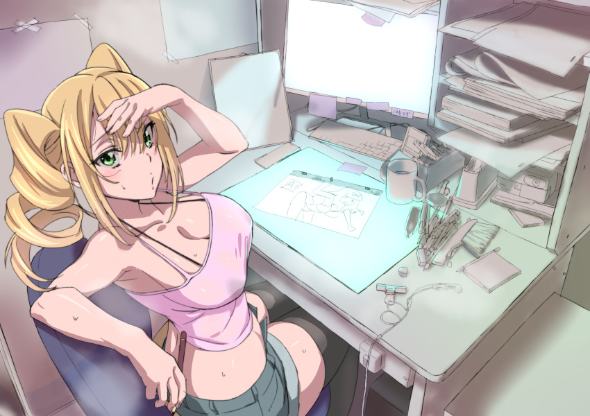 absurdres animation_paper_(object) animator bare_shoulders black_thighhighs blonde_hair breasts brush camisole chair coffee_mug commentary_request computer computer_keyboard crop_top cup desk drawing drawing_equipment drill_hair earbuds earphones female from_above green_shorts hair_between_eyes hand_on_own_head highres holding holding_pencil hot large_breasts light_blush light_box looking_at_viewer looking_up midriff monitor mug office_chair open_fly original paper_stack paperclip peg_bar pencil pencil_skirt pink_shirt pursed_lips qumata raised_eyebrows shirt short_shorts shorts sitting skirt solo spaghetti_strap sticky_note sweat swivel_chair tape tape_dispenser thighhighs twin_drills unbuttoned wet wet_clothes wet_shirt