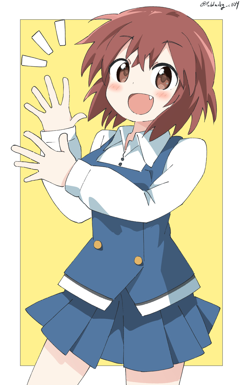 absurdres bad_id bad_pixiv_id blue_skirt blue_vest blush border brown_eyes brown_hair collared_shirt commentary cowboy_shot cynical_(llcbluckg_c004) female hands_up highres inokuma_youko kin-iro_mosaic long_sleeves looking_at_viewer moegi_high_school_uniform notice_lines oerba_yun_fang open_mouth outside_border pleated_skirt school_uniform shirt short_hair simple_background skirt smile solo standing twitter_username vest white_border white_shirt yellow_background