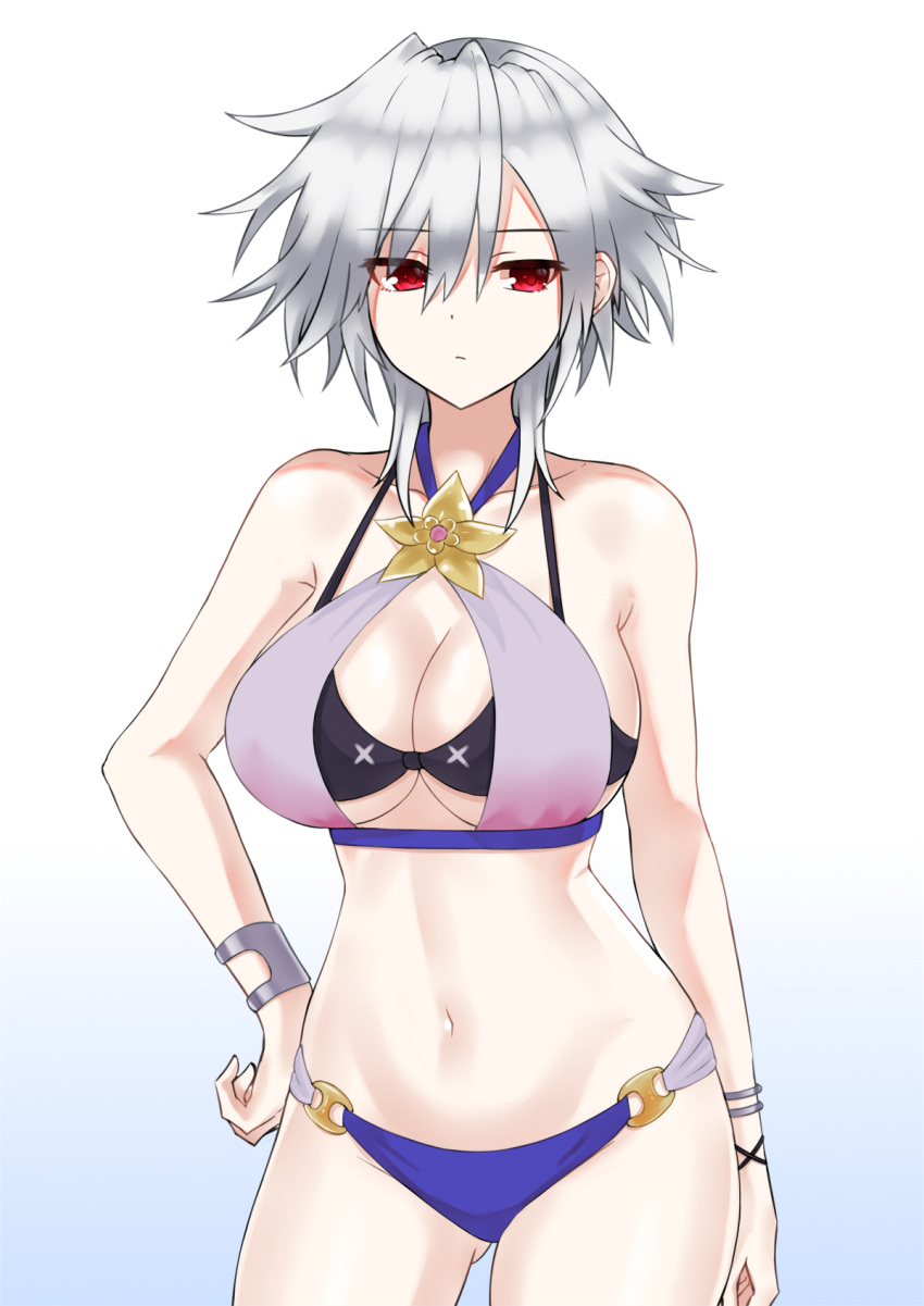 ass_visible_through_thighs bikini bracelet breasts cleavage commentary female gradient_background grey_hair hair_between_eyes hand_on_own_hip highres jewelry large_breasts neptune_(series) paid_reward_available red_eyes s-sha shin_jigen_game_neptune_vii short_hair solo swimsuit zatsu