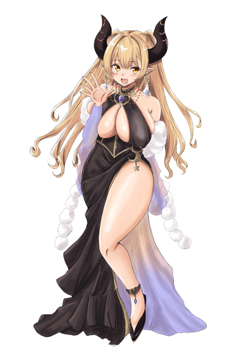 absurdres alba_(granblue_fantasy) anklet bare_shoulders black_dress black_footwear blonde_hair blush breasts chan_(akuty_ikkot) draph dress earrings female freckles full_body granblue_fantasy hand_up highres horns jewelry large_breasts long_hair looking_at_viewer mole mole_under_mouth open_mouth pointy_ears sideboob simple_background smile solo thighs waving white_background