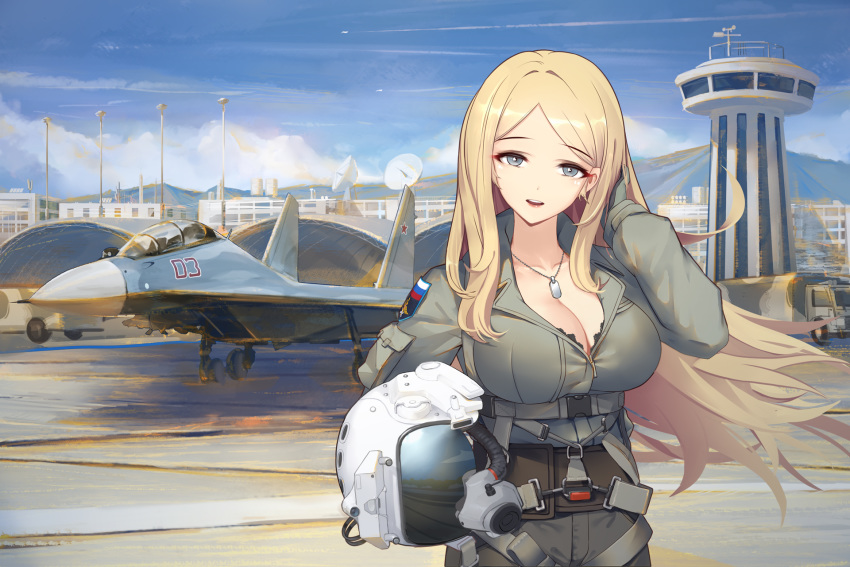 adjusting_hair aircraft airplane black_bra blonde_hair blue_eyes blue_sky bra breasts building chinese_commentary cleavage commentary_request contrail dog_tags female fighter_jet flag gloves hangar harness helmet highres holding holding_helmet jet lace lace_bra large_breasts liu_lan long_hair looking_at_viewer military military_base military_truck military_uniform military_vehicle motor_vehicle open_mouth original outdoors parted_bangs pilot pilot_helmet pilot_suit runway russian_clothes russian_flag satellite_dish sky soldier standing su-30 truck underwear uniform vehicle_focus