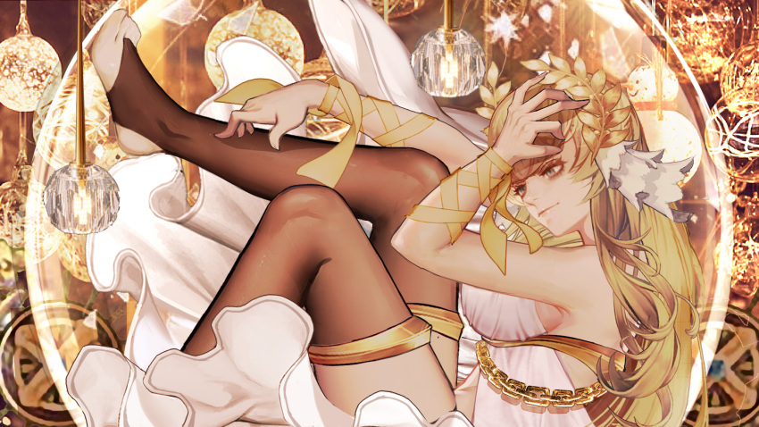 azur_lane bare_shoulders blonde_hair blue_eyes breasts brown_thighhighs chains commentary_request dress female flower_ornament from_side gold_chain gudadan hair_between_eyes highres large_breasts laurel_crown long_hair open_clothes original photoshop_(medium) sideboob solo stirrup_legwear thighhighs thighs toeless_legwear veil victorious_(azur_lane) white_dress