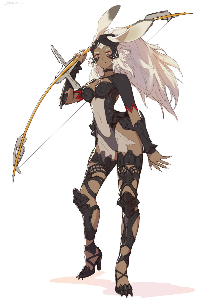 absurdres animal_ears armor black_choker bow_(weapon) choker closed_mouth contrapposto dark-skinned_female dark_skin female final_fantasy final_fantasy_xii final_fantasy_xiv fran_(ff12) full_body hand_up high_heels highres holding holding_bow_(weapon) holding_weapon kotatsu_(g-rough) long_hair looking_at_viewer navel rabbit_ears red_eyes simple_background solo viera weapon white_background white_hair