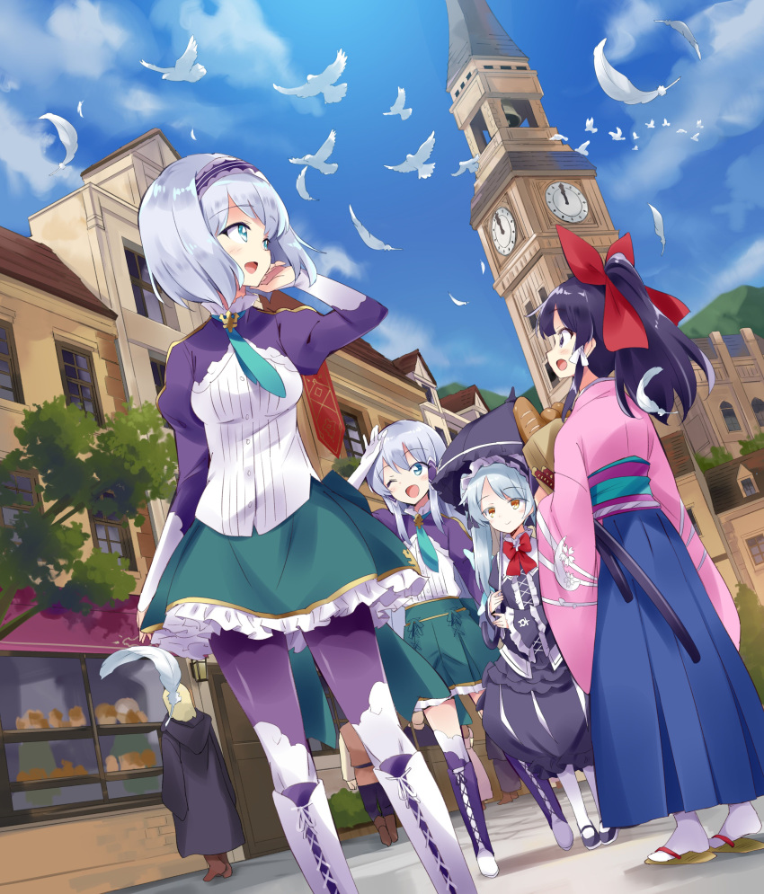 absurdres aqua_hair bird black_dress black_hair blue_eyes blue_hair blush clock clock_tower dove dress else_shileska gothic_lolita hair_ornament highres isekai_wa_smartphone_to_tomo_ni. japanese_clothes kimono kokonoe_yae leen_(isekai_wa_smartphone_to_tomo_ni.) linse_shileska lolita_fashion long_hair multiple_girls open_mouth outdoors ponytail ribbon siblings sisters skirt smile thighhighs tower twins twintails usatsuka_eiji yellow_eyes