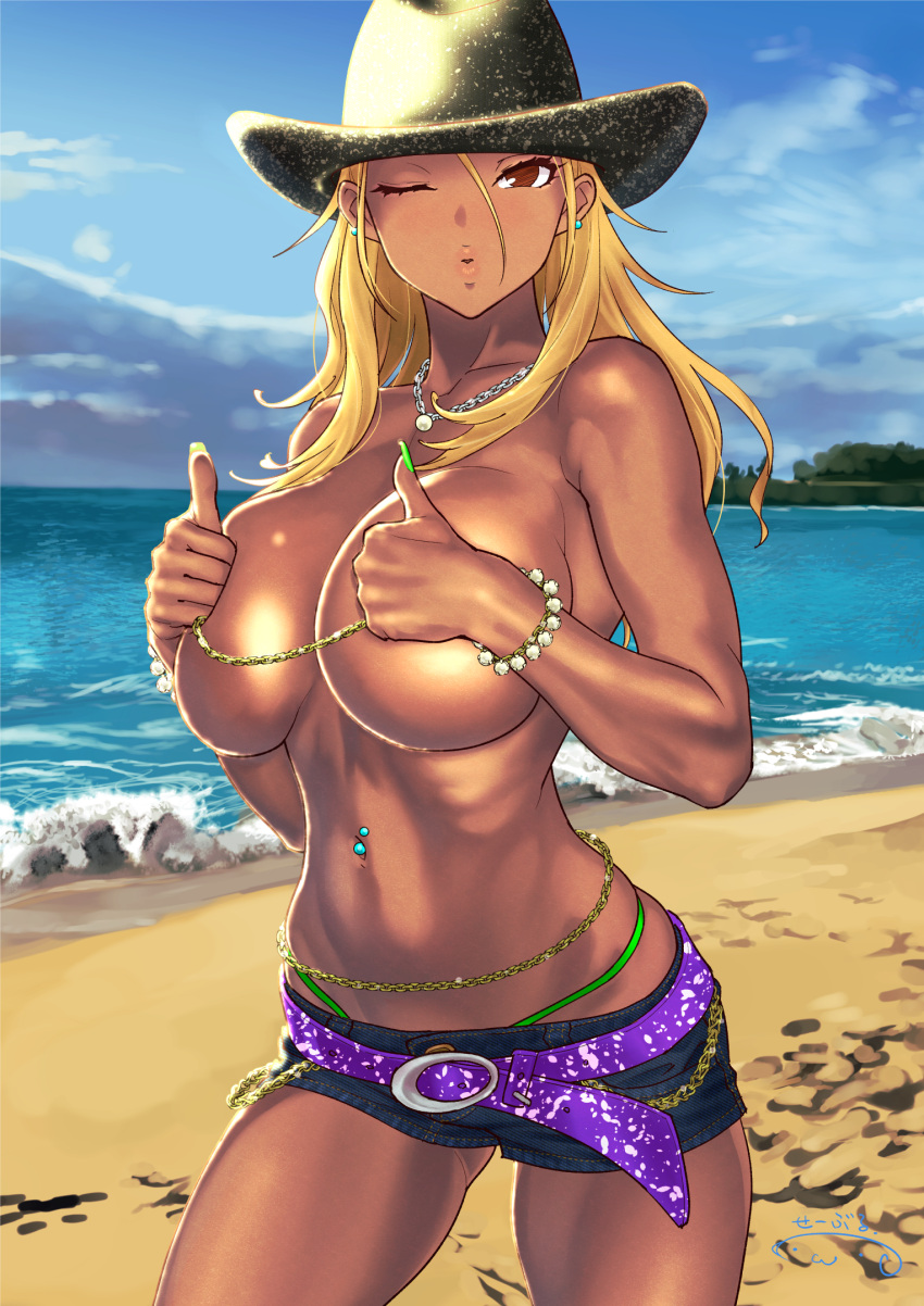 beach belt bikini bikini_bottom_only blonde_hair blue_sky bracelet breasts cloud covering_breasts covering_privates dark-skinned_female dark_skin day denim denim_shorts earrings female gyaru highres horizon idolmaster idolmaster_shiny_colors izumi_mei jewelry large_breasts linked_piercing long_hair looking_at_viewer micro_shorts navel navel_piercing necklace nipple_chain nipple_jewelry ocean one_eye_closed open_mouth outdoors panty_straps piercing ribs sand short_shorts shorts sky solo stomach suna_(sandworks) swimsuit tan thong thumbs_up topless water