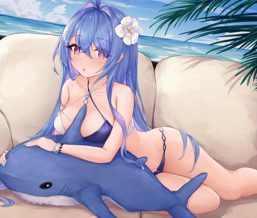 :o absurdres alternate_breast_size azur_lane beach between_breasts bikini blue_hair blue_nails blush breasts day female flower groin hair_between_eyes hair_flower hair_ornament helena_(azur_lane) helena_(shimmering_triangle_wave)_(azur_lane) highres hip_focus ikea ikea_shark inflatable_shark inflatable_toy kyl490 large_breasts leaning_on_object long_hair looking_at_viewer lying medium_breasts nail_polish ocean on_side on_stomach open_mouth outdoors palm_tree purple_eyes solo staring stuffed_animal stuffed_shark stuffed_toy swimsuit thighs tree two-tone_bikini very_long_hair wet wet_bikini wet_clothes wet_hair wet_swimsuit white_flower