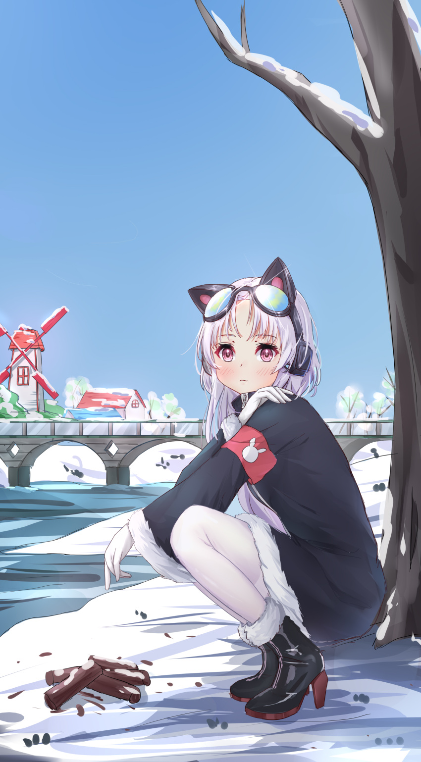 absurdres animal_ear_headphones animal_ears armband azur_lane blush bridge cat_ear_headphones chang_chun_(azur_lane) chang_chun_(retrofit)_(azur_lane) fake_animal_ears female firewood goggles goggles_on_head headphones highres long_hair looking_at_viewer meng_mian outdoors pantyhose shoes sitting snow thighband_pantyhose tree white_hair windmill