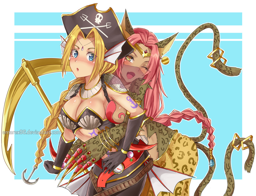 2girls :o ;d anchor anchor_hair_ornament animal_ears bastemon black_gloves black_headwear blonde_hair blue_background blue_eyes blush border braid breasts brown_eyes cat_ears cat_girl cat_tail cleavage commentary commission commissioner_upload deviantart_username digimon digimon_(creature) digimon_xros_wars elbow_gloves emarex96 english_commentary fins gloves hair_ornament hat head_fins highres interspecies large_breasts long_hair looking_at_viewer mermaid mermaimon monster_girl mouth_veil multiple_girls multiple_tails oerba_yun_fang one_eye_closed open_mouth outside_border pink_hair pirate_hat single_braid skin_fang slit_pupils smile tail tail_ornament tattoo two_tails veil watermark web_address white_border yuri