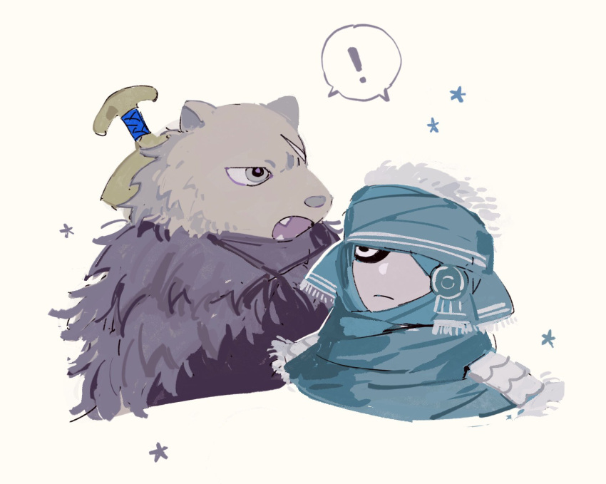 ! 2boys animal_head blaidd_the_half-wolf chibi cloak closed_mouth elden_ring fur_cloak furry furry_male grey_background highres jitome multiple_boys open_mouth scar scar_across_eye shared_speech_bubble simple_background speech_bubble spoken_exclamation_mark sword tarnished_(elden_ring) warrior_(elden_ring) weapon weapon_on_back yashiki_(gh0st_5010)