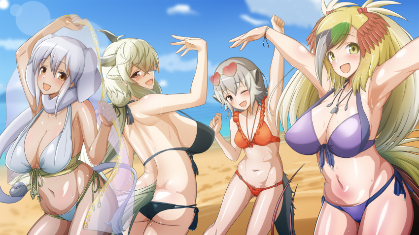 4girls :d ;d animal_ears arm_up armpits arms_up ass back bad_id bad_twitter_id beach bikini bird_tail bird_wings black_hair blonde_hair breasts brown_eyes butt_crack cleavage day elephant_ears elephant_tail extra_ears eyewear_on_head frilled_bikini frills front-tie_bikini_top front-tie_top greater_bird-of-paradise_(kemono_friends) green_hair grey_hair grey_horns hair_between_eyes hair_over_one_eye hair_ribbon hand_up head_wings heart heart-shaped_eyewear height_difference highres horns huge_breasts indian_elephant_(kemono_friends) kemono_friends large_breasts long_hair looking_at_viewer lowleg lowleg_bikini meerkat_(kemono_friends) meerkat_ears meerkat_tail morimasakazu multicolored_hair multiple_girls navel ocean one_eye_closed open_mouth outdoors outstretched_arm outstretched_arms ox_ears ox_girl ox_horns pose ribbon sand scarf shawl shiny_skin side-tie_bikini_bottom sideboob sidelocks skindentation small_breasts smile stomach strap_gap sunglasses sweat swimsuit tail tan very_long_hair water wings yak_(kemono_friends) yellow_eyes