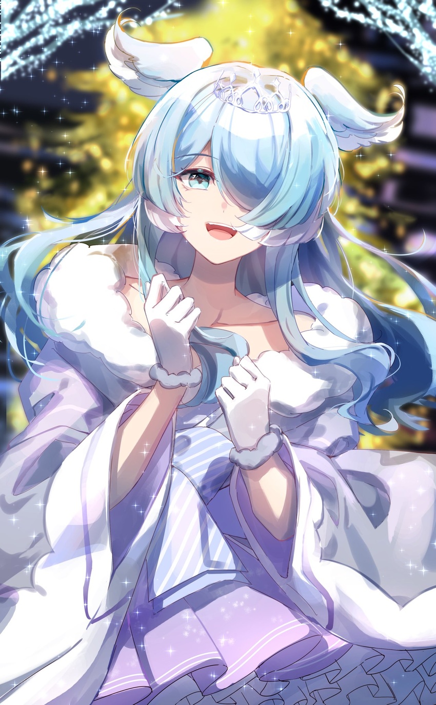 a_ji aqua_eyes aqua_hair blue_eyes blue_hair bow christmas_lights collarbone cowboy_shot dress elira_pendora elira_pendora_(2nd_costume) female frilled_dress frilled_skirt frills fur_trim gloves hair_over_one_eye head_wings highres illumination light_blue_hair long_hair looking_at_viewer love_live! love_live!_school_idol_project nijisanji nijisanji_en one_eye_covered open_mouth outdoors skirt smile snow_halation solo sparkle tiara virtual_youtuber w_arms white_gloves wide_sleeves wings