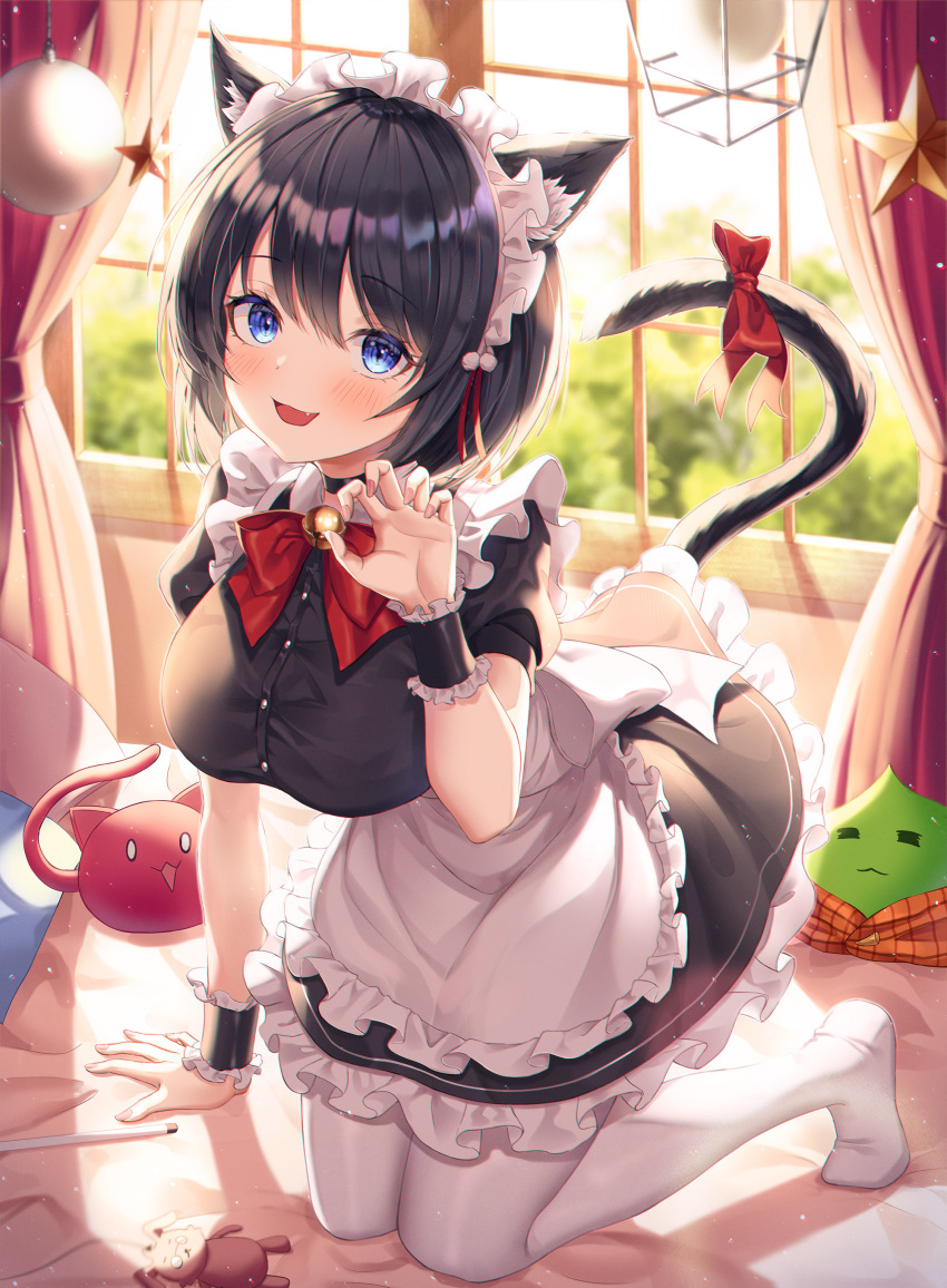 absurdres animal_ears arm_support bell black_hair blue_eyes blush bow bowtie breasts cat_ears cat_girl cat_tail christmas_ornaments commentary_request curtains fall_(aki) female highres indoors kneeling maid maid_headdress no_shoes oerba_yun_fang original pantyhose slime_(creature) solo star_(symbol) tail tail_bow tail_ornament white_pantyhose window wrist_cuffs