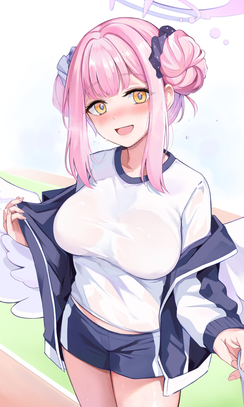 :d absurdres black_scrunchie blue_archive blue_jacket blue_shorts blush breasts commentary_request double_bun feathered_wings female gym_shirt gym_shorts gym_uniform hair_bun hair_ornament hair_scrunchie halo highres jacket konka long_sleeves looking_at_viewer mika_(blue_archive) nose_blush off_shoulder open_clothes open_jacket orange_eyes pink_hair scrunchie see-through shirt short_shorts shorts sidelocks smile solo standing sweat wet white_wings wings