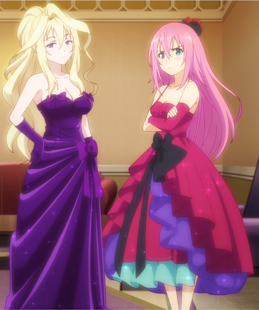 bare_shoulders blonde_hair blue_eyes blush bow breasts claudia_enfield cleavage dress gakusen_toshi_asterisk julis-alexia_von_riessfeld large_breasts long_hair looking_at_viewer multiple_girls pink_hair purple_eyes screencap smile standing stitched