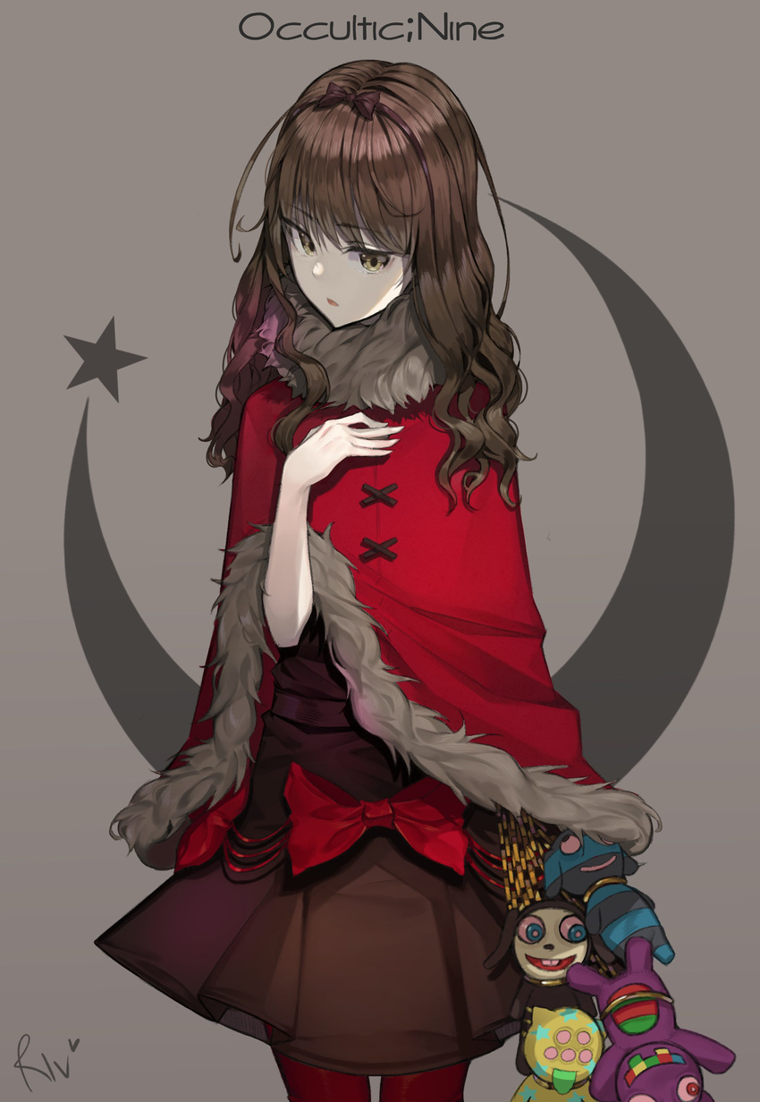 absurdres bad_id bad_pixiv_id bow brown_eyes brown_hair capelet crescent female fur_trim hairband head_tilt highres hwayoung kurenaino_aria long_hair looking_at_viewer occultic;nine pantyhose red_pantyhose solo stuffed_toy