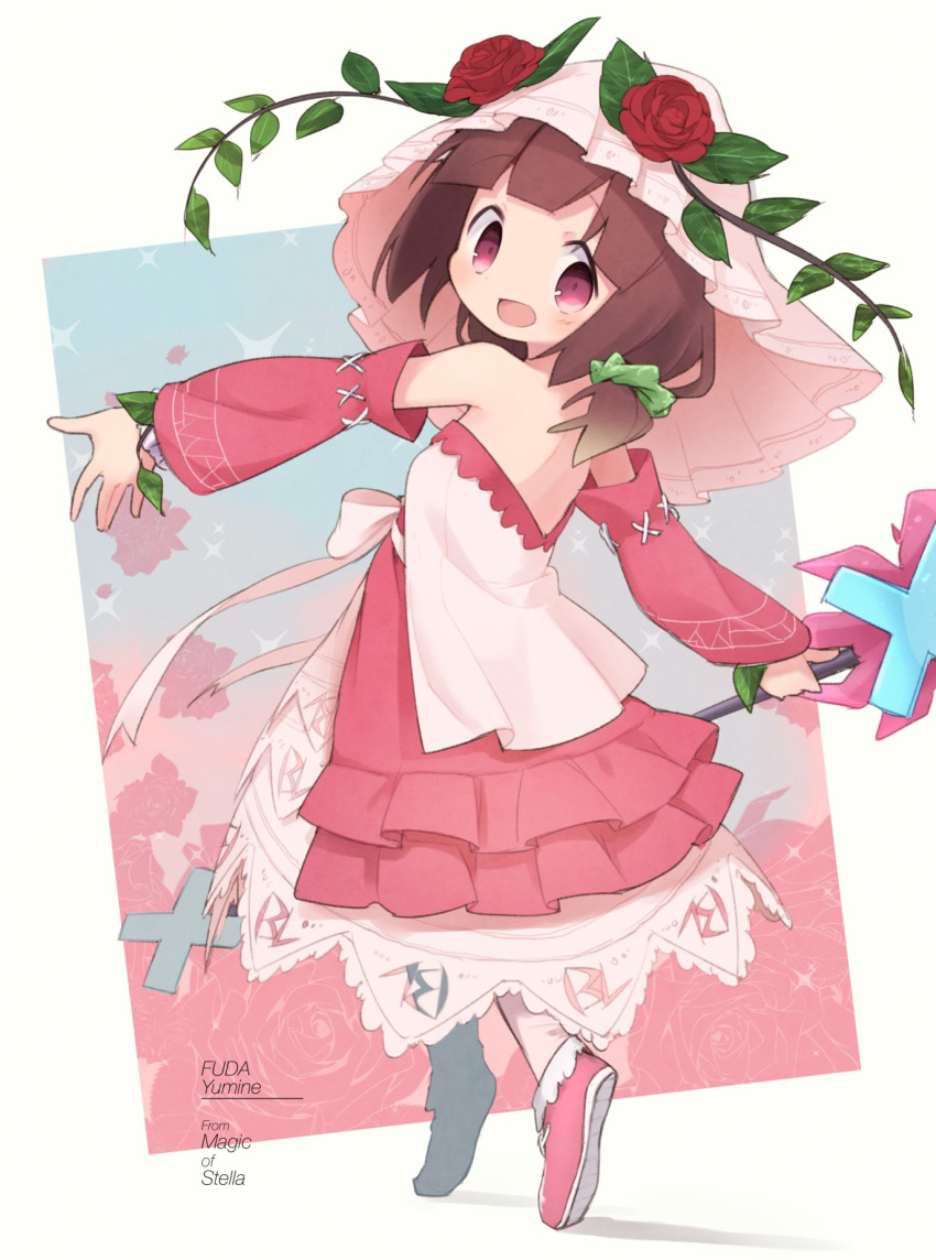 bad_id bad_twitter_id blush brown_hair character_name copyright_name detached_sleeves female flower fuda_yumine full_body highres inactive_account looking_at_viewer okayparium open_mouth plant red_eyes red_flower red_rose rose short_hair smile solo stella_no_mahou vines