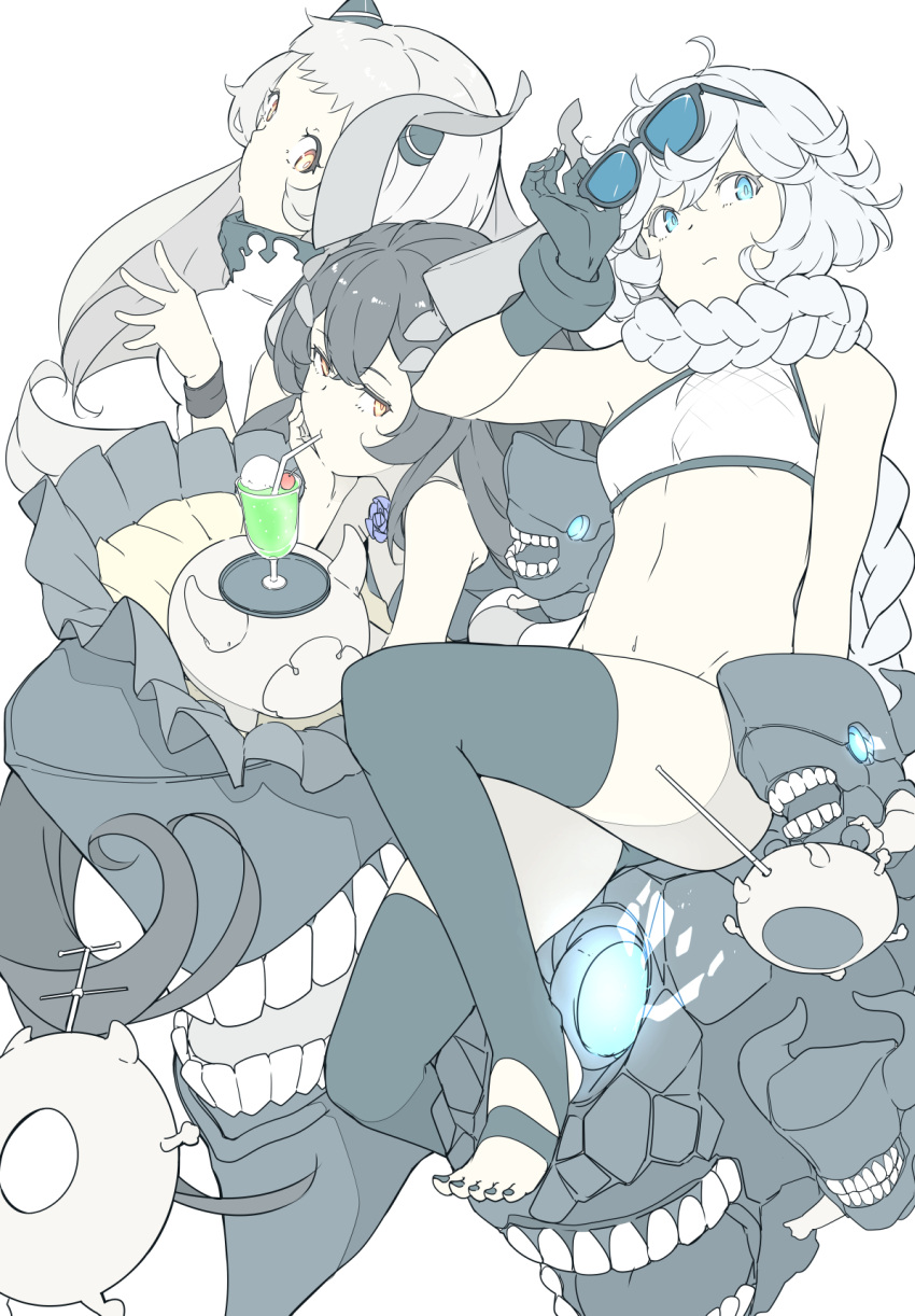 3girls absurdly_long_hair abyssal_ship airfield_princess anchorage_water_oni bad_id bad_twitter_id black_hair black_legwear blue_eyes braid cup drink drinking drinking_glass drinking_straw eyewear_on_head hair_between_eyes highres horns kantai_collection long_hair multiple_girls ninimo_nimo pale_skin pt_imp_group simple_background single_braid sunglasses supply_depot_princess thighhighs very_long_hair white_background white_hair yellow_eyes