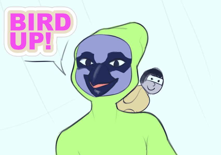 2020 amaster anthro avian beak bird bird_up black_hair blue_body blue_feathers clothing conditional_dnp dialogue duo english_text feathers feral grey_body hair hi_res looking_at_viewer male meme purple_body purple_feathers simple_background smile speech_bubble text the_eric_andre_show vaktus white_background