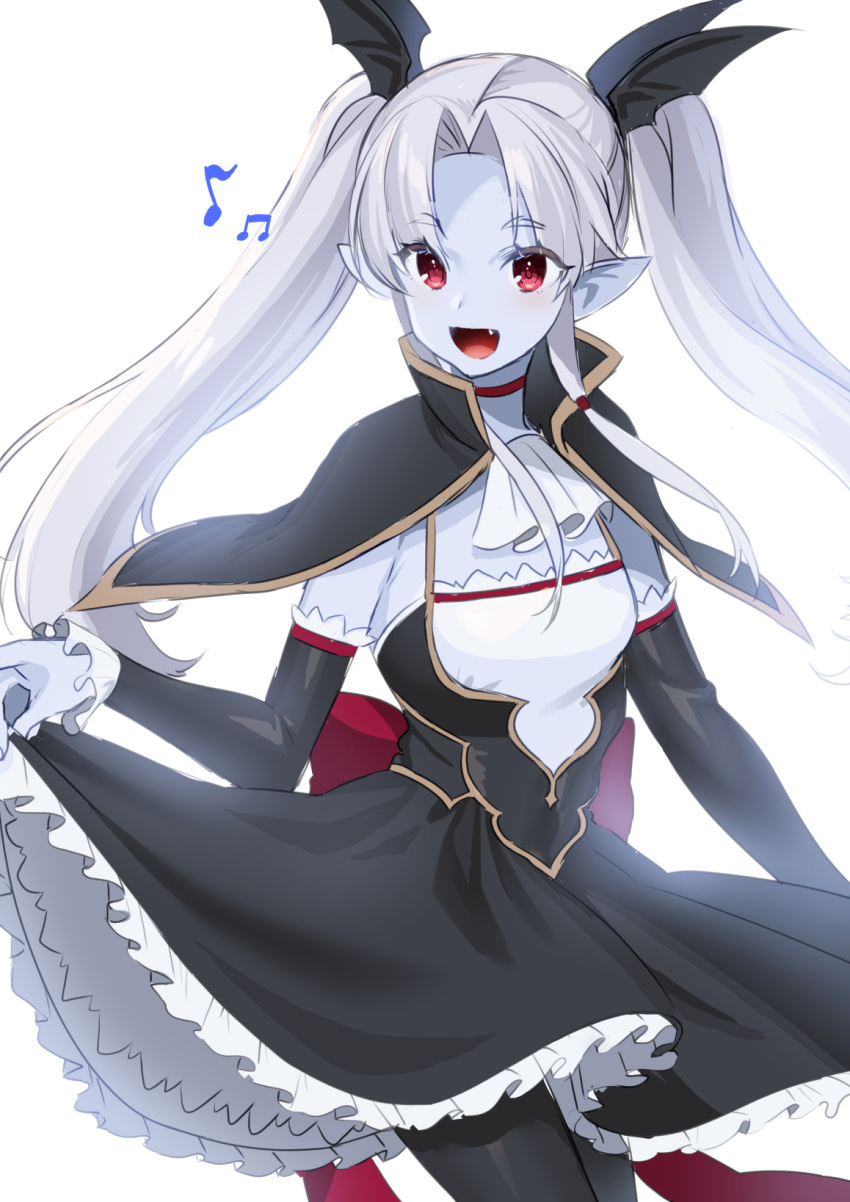 akagi_kurage arm_warmers ascot beamed_eighth_notes black_dress black_pantyhose colored_skin dress eden_(sennen_sensou_aigis) female grey_skin highres long_hair looking_at_viewer musical_note oerba_yun_fang open_mouth pantyhose pointy_ears red_eyes sennen_sensou_aigis skirt_hold smile solo standing twintails vampire white_ascot white_hair