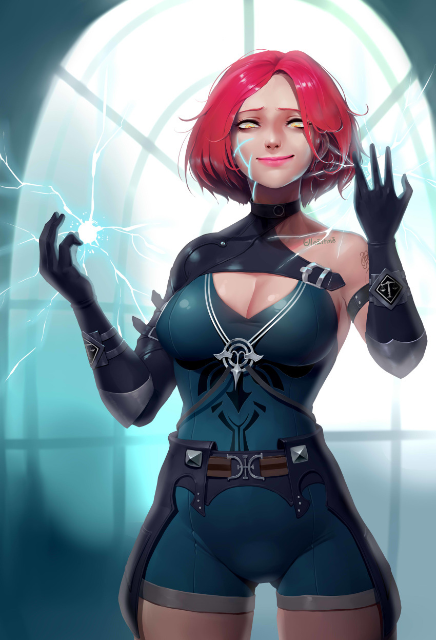 absurdres armor bad_id bad_pixiv_id belt black_gloves bodysuit breasts calligraphy_brush_(medium) cleavage commentary_request cowboy_shot cyphers electricity evil_smile female gloves green_bodysuit highres korean_commentary large_breasts looking_at_viewer moonlit pink_lips red_hair short_hair single_bare_shoulder smile solo sydney_(cyphers) yellow_eyes