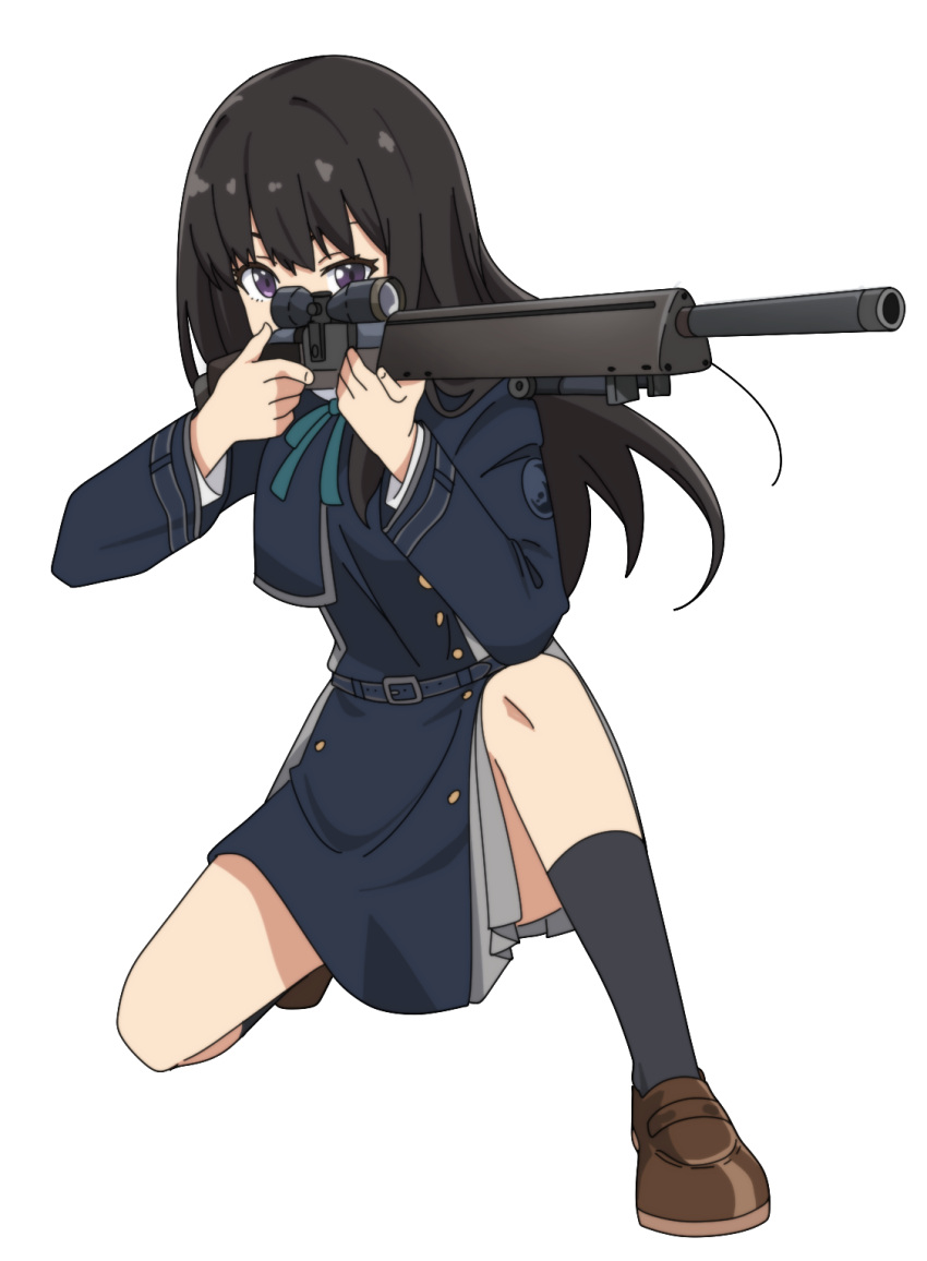 aiming bad_gun_anatomy bipod black_hair black_socks blue_dress brown_footwear covered_mouth dress eyebrows_hidden_by_hair female full_body green_ribbons grey_dress gun h&k_psg1 highres holding holding_gun holding_weapon inoue_takina loafers long_hair long_sleeves looking_afar lycoris_recoil lycoris_uniform neck_ribbon nyaru_(nyaru_4126) on_one_knee pleated_dress purple_eyes ribbon rifle scope shoes sniper_rifle socks solo transparent_background two-tone_dress very_long_hair weapon