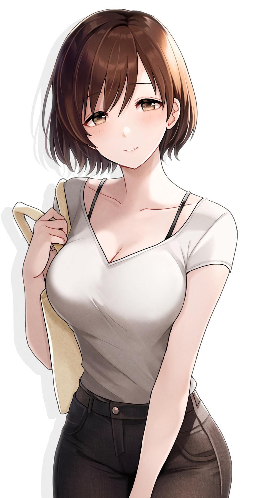 absurdres aged_up bag blush breasts brown_hair brown_pants cleavage collarbone commentary female highres idolmaster idolmaster_cinderella_girls looking_at_viewer medium_breasts nitta_minami pants popon_ta shirt shirt_tucked_in short_hair simple_background solo tote_bag v-neck white_background white_shirt