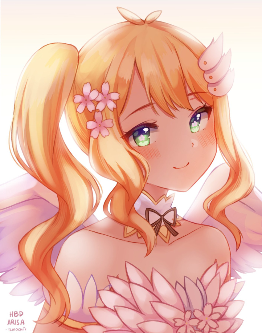 angel_wings bare_shoulders blonde_hair blush closed_mouth commentary english_commentary feathered_wings female flower-shaped_pupils green_eyes hair_ornament hanami_arisa head_tilt highres indie_virtual_youtuber long_hair looking_at_viewer neck_ribbon one_side_up ribbon signature simple_background smile solo symbol-shaped_pupils temachii upper_body virtual_youtuber white_background white_wings wings