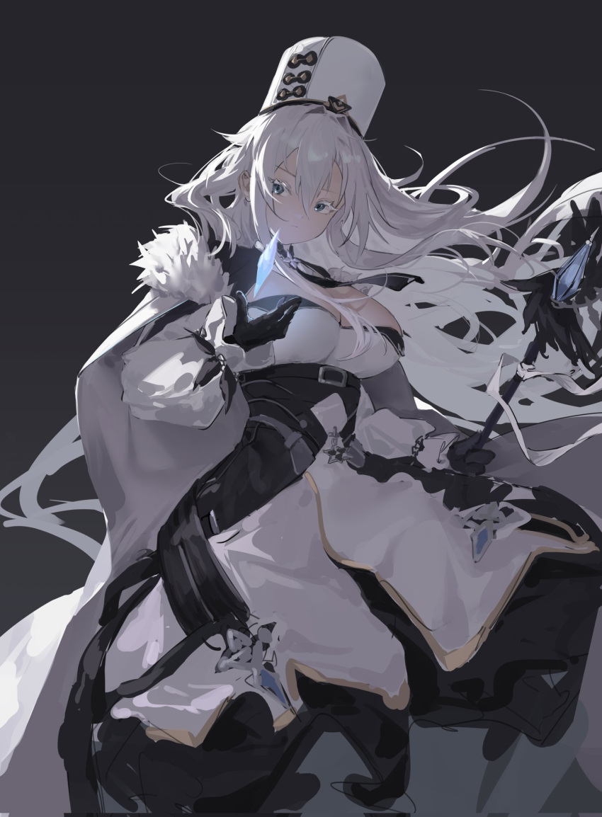 azur_lane black_background black_gloves black_necktie blue_eyes breasts cape cleavage closed_mouth coat_dress commentary_request dress female fur-trimmed_cape fur_hat fur_trim gloves hair_between_eyes hat highres holding holding_scepter ice large_breasts long_hair long_sleeves military_hat nariku necktie papakha scepter simple_background solo sovetsky_soyuz_(azur_lane) standing underbust very_long_hair white_dress white_hair white_hat