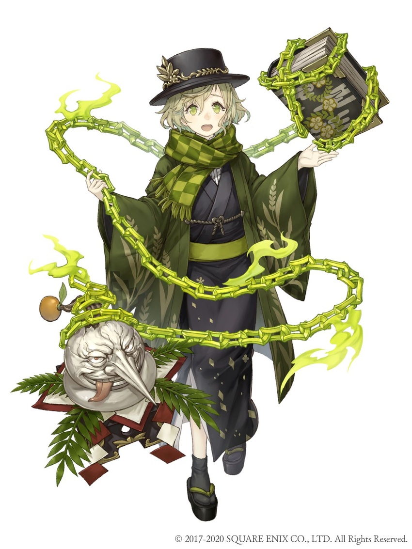 1boy :d black_legwear book chains full_body green_eyes green_hair hat highres japanese_clothes ji_no kimono long_nose looking_at_viewer male_focus official_art okobo open_mouth pinocchio_(sinoalice) platform_footwear sandals scarf sinoalice smile solo square_enix teeth tongue tongue_out upper_teeth_only white_background wide_sleeves