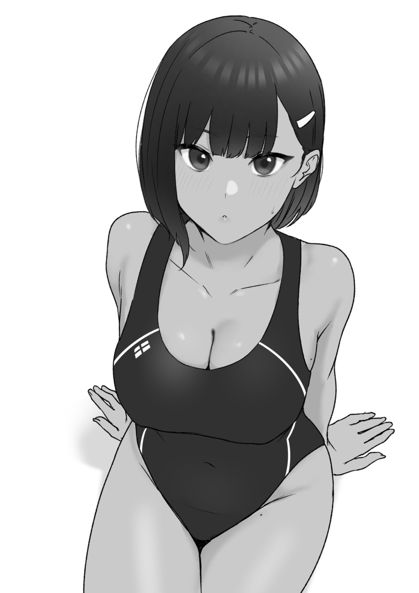 arm_support borrowed_character breasts cleavage collarbone competition_swimsuit female from_above greyscale hair_ornament hairclip highres kanagi_haruka large_breasts light_blush looking_at_viewer mole mole_on_thigh monochrome one-piece_swimsuit original parted_lips short_hair sitting sweatdrop swimsuit tantanmen72 white_background