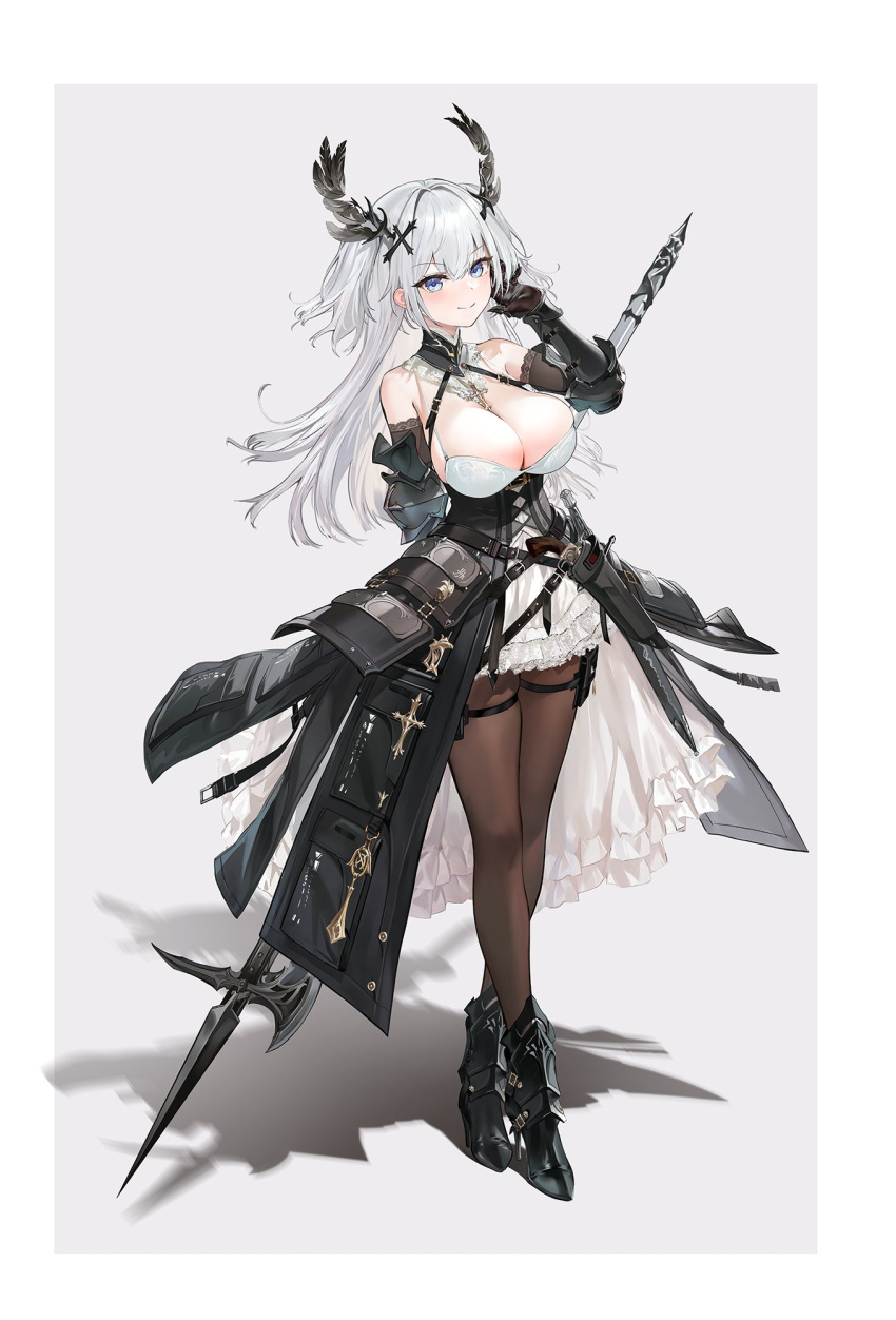 arm_armor arm_behind_back armored_boots black_feathers black_footwear black_gloves black_pantyhose blue_eyes blush boots border breasts cleavage closed_mouth commentary_request cross_hair_ornament crossed_legs detached_sleeves dress feather_hair_ornament feathers feifeifeihai female gloves hair_ornament halberd hand_in_own_hair highres lace-trimmed_dress lace_trim large_breasts long_hair looking_at_viewer original pantyhose polearm pouch shadow sleeveless sleeveless_dress solo spaghetti_strap thigh_pouch watson_cross weapon weapon_behind_back white_border white_hair