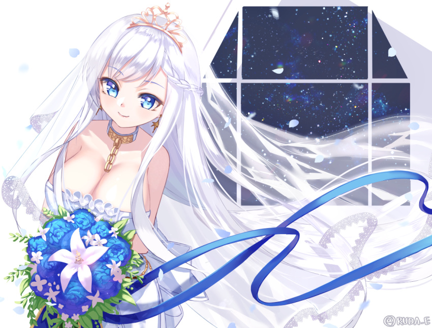 azur_lane bare_shoulders belfast_(azur_lane) belfast_(the_pledge_of_claddagh)_(azur_lane) blue_eyes blue_flower blue_rose bouquet braid breasts bridal_veil chains cleavage collar collarbone commentary dress eyes_visible_through_hair female flower hair_between_eyes long_hair looking_at_viewer night night_sky official_alternate_costume petals ribbon rose ruda_(ruda_e) sidelocks single_braid sky smile solo star_(sky) starry_sky strapless strapless_dress twitter_username veil wedding_dress white_hair wind window