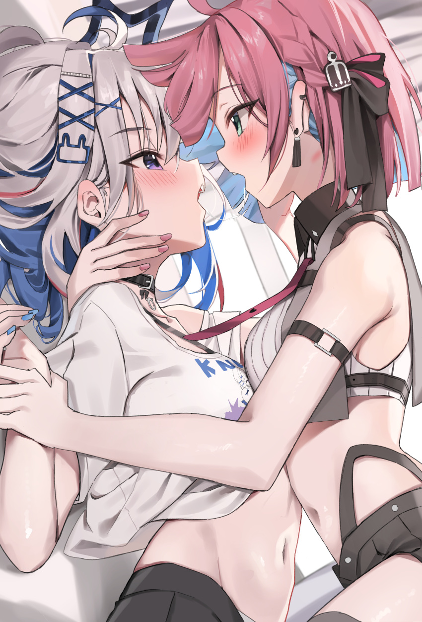 2girls absurdres after_kiss ahoge amane_kanata amane_kanata_(punk_rock) aqua_hair arm_strap black_shorts blue_hair blue_nails blush collared_shirt colored_inner_hair crop_top cropped_shirt earrings green_eyes grey_hair hair_ornament hair_ribbon hairclip hand_on_another's_neck highleg highleg_panties highres himemori_luna himemori_luna_(streetwear) hololive indoors jewelry long_hair looking_at_another lying midriff multicolored_hair multiple_girls nail_polish navel official_alternate_costume official_alternate_hairstyle on_back panties panty_peek panty_straps pink_hair pink_nails pinned print_shirt purple_eyes restrained ribbed_shirt ribbon saliva saliva_swap saliva_trail scarlet_(wv0102) shirt short_hair short_shorts shorts sleeveless sleeveless_shirt streaked_hair t-shirt underwear virtual_youtuber white_panties white_shirt x_hair_ornament yuri