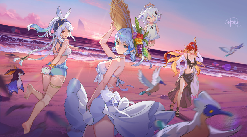 4girls absurdres adjusting_clothes adjusting_eyewear adjusting_headwear ahoge alternate_costume arm_behind_back arm_up bare_shoulders barefoot beach bikini bird black_bikini black_sarong blue_eyes blue_hair blue_hairband body_markings bracelet braid braided_hair_rings breasts cleavage closed_eyes closed_mouth commentary_request dated dress earrings fish-shaped_pupils floating floating_clothes floating_hair flower genshin_impact god_hunter hair_between_eyes hair_ornament hair_rings hairband halo hand_on_own_hip hat hat_flower highres jewelry kamisato_ayaka koholasaurus_(genshin_impact) large_breasts long_hair looking_at_viewer looking_back looking_over_eyewear mavuika_(genshin_impact) mechanical_halo mualani_(genshin_impact) multicolored_hair multiple_girls nail_polish navel ocean official_alternate_costume official_alternate_hairstyle open_mouth orange_eyes orange_hair outdoors paimon_(genshin_impact) paimon_(hot_springs)_(genshin_impact) pink_pupils red_eyes red_hair red_nails running sand sarong signature smile straw_hat sunburst_iris sunglasses sunset swimsuit swimsuit_cover-up teeth toenail_polish toenails twin_braids two-tone_hair upper_teeth_only water waves white_dress white_hair