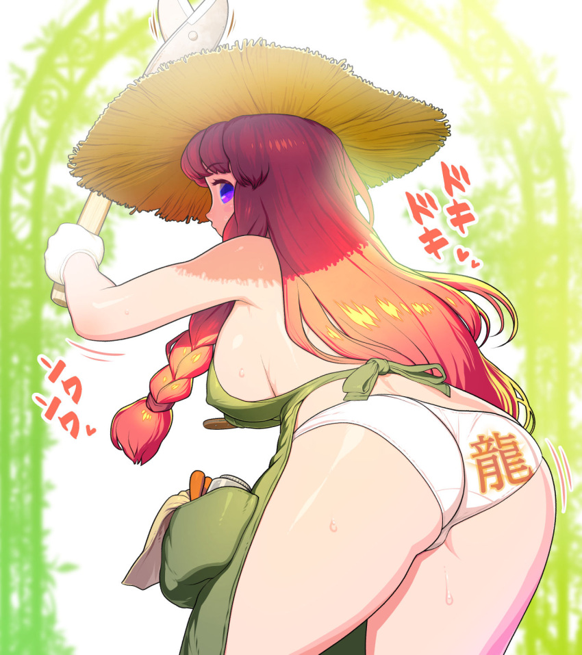 alternate_costume apron arch art_tools_in_frame ass back backboob blunt_bangs blush breasts commentary_request cowboy_shot female floral_arch from_behind gloves green_apron hat hedge_clippers highres hong_meiling large_breasts long_hair looking_at_viewer looking_back open_mouth orange_hair paid_reward_available purple_eyes solo straw_hat touhou white_gloves yonaki