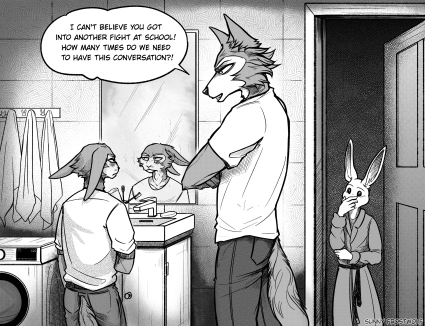 angry annoyed anthro appliance bathroom beastars brush canid canine canis digit_ring ears_back family father_(lore) father_and_child_(lore) father_and_son_(lore) female group haru_(beastars) hi_res husband_and_wife jewelry lagomorph laundry_machine lee_(greatlizardwizard) legoshi's_chimera_(beastars) legoshi_(beastars) leporid male mammal married_couple mirror mother_(lore) mother_and_child_(lore) mother_and_son_(lore) parent_(lore) parent_and_child_(lore) parent_and_son_(lore) pivoted_ears rabbit ring scolding sink son_(lore) sunny_frostwolf toothbrush trio washing_machine wedding_ring wolf wounded