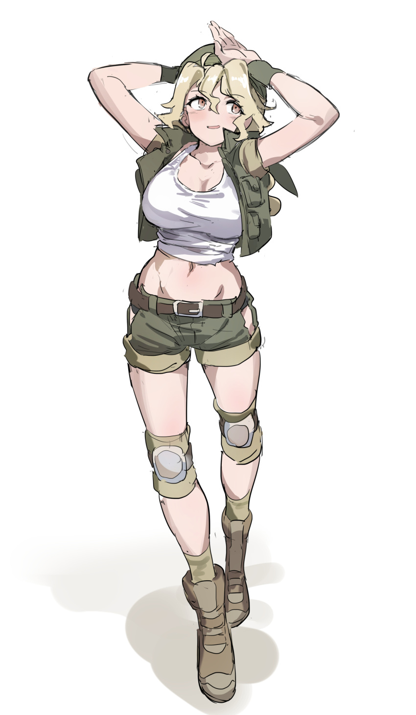 absurdres adjusting_clothes adjusting_headwear belt blonde_hair boots breasts brown_belt brown_eyes brown_footwear brown_socks collarbone commentary_request female full_body green_hat green_shorts green_vest green_wristband hat highres huanxiang_huifeng kasamoto_eri knee_pads large_breasts metal_slug midriff navel open_clothes open_vest parted_lips shorts simple_background socks solo stomach tank_top vest walking white_background white_tank_top