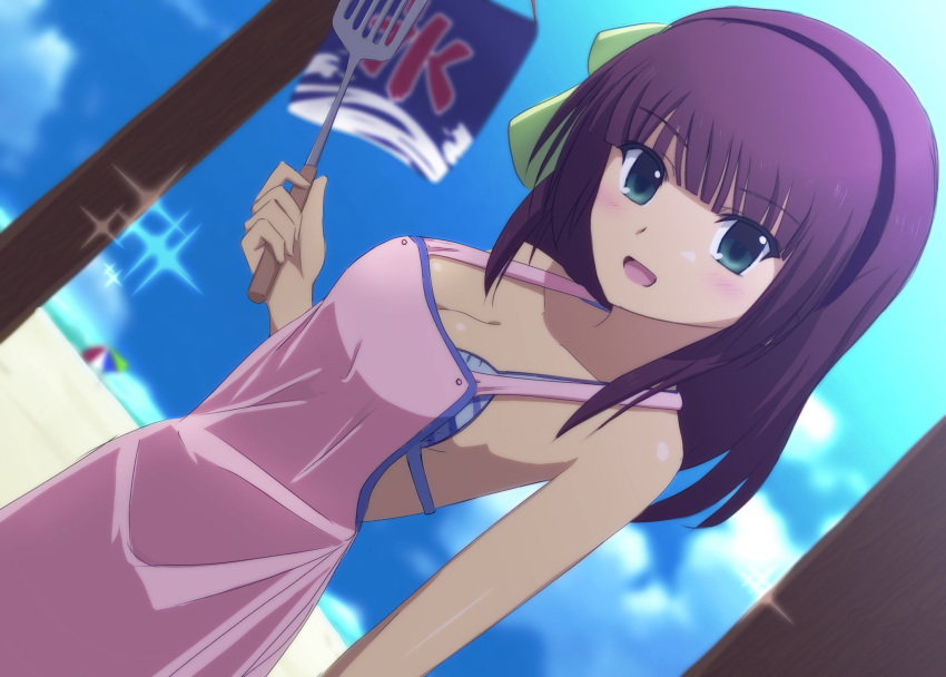 angel_beats! apron beach bikini blue_bikini blue_sky breasts cleavage commentary_request cowboy_shot dutch_angle female green_eyes green_ribbons hairband hand_up highres holding holding_spatula lelie_(lelie_link) light_blush looking_at_viewer medium_breasts medium_hair nakamura_yuri nearly_naked_apron open_mouth pink_apron purple_hair purple_hairband ribbon sky solo spatula swimsuit