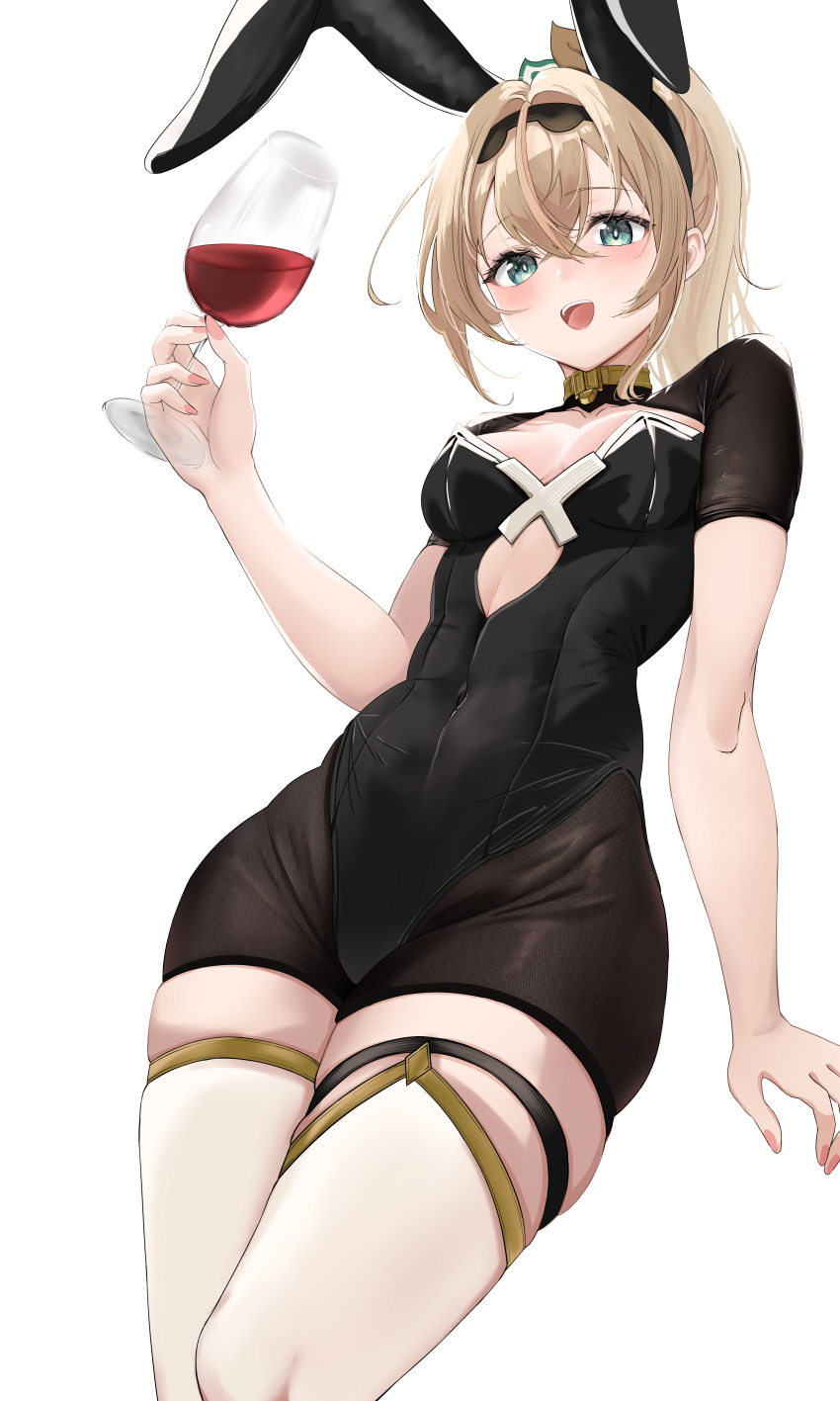 :d absurdres adapted_costume ahoge alcohol animal_ear_hairband animal_ears arm_at_side arm_support bike_shorts bike_shorts_under_leotard black_hairband black_leotard black_shorts black_shrug blonde_hair blue_eyes blush bow breasts commentary_request covered_navel cowboy_shot cup cutout_above_navel double-parted_bangs drinking_glass fake_animal_ears female hair_between_eyes hairband hairbow highleg highleg_leotard highres holding holding_cup hololive invisible_chair kamisaka_shyou kazama_iroha kazama_iroha_(1st_costume) leotard long_hair looking_at_viewer multicolored_bow nail_polish nontraditional_playboy_bunny open_mouth pink_nails ponytail rabbit_ear_hairband rabbit_ears shorts shrug_(clothing) simple_background sitting skin_tight small_breasts smile solo strapless strapless_leotard thigh_strap thighhighs transparent_background virtual_youtuber white_thighhighs wine wine_glass