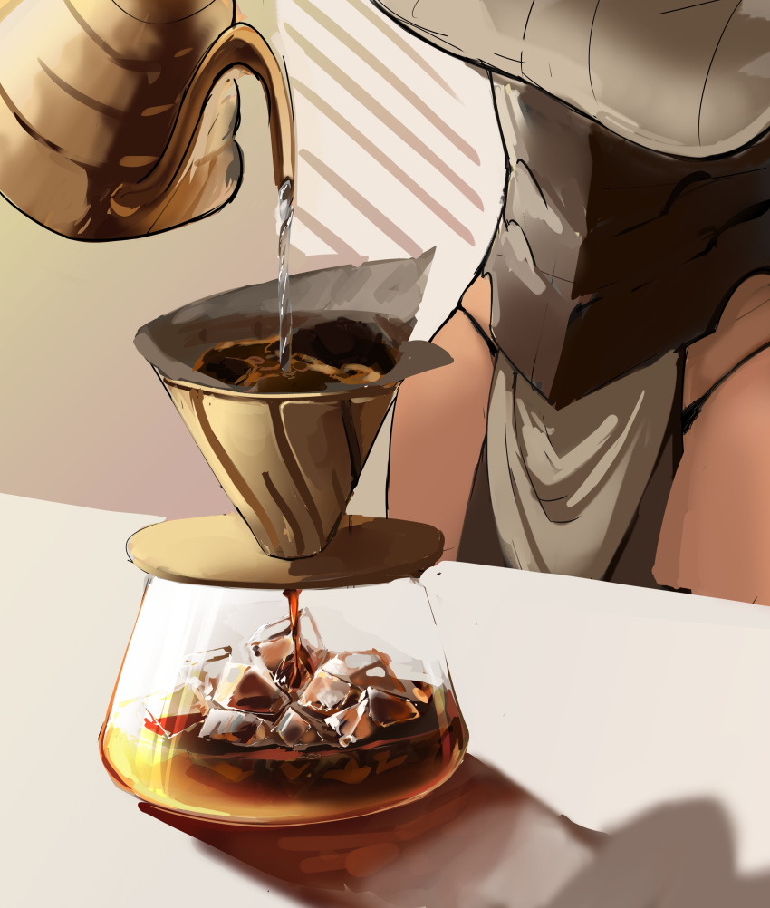 absurdres centurii-chan_(artist) coffee_filter coffee_pot drink female funnel highres ice ice_cube iced_coffee kettle original pelvic_curtain pouring solo table water