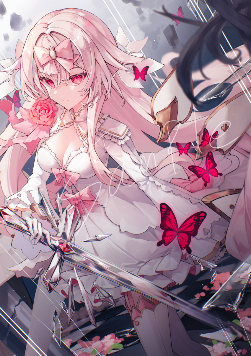 arcaea bow breasts bug butterfly cleavage commentary dress english_commentary female flipped_hair flower frown gloves gradient_background grey_background highres hikari_(arcaea) hikari_(fatalis)_(arcaea) holding holding_sword holding_weapon long_sleeves looking_at_viewer medium_breasts miyu_(miy_u1308) pink_bow pink_eyes pink_flower pink_hair pink_rose red_butterfly rose sidelocks solo sword thighhighs weapon white_dress white_gloves white_thighhighs wide_sleeves