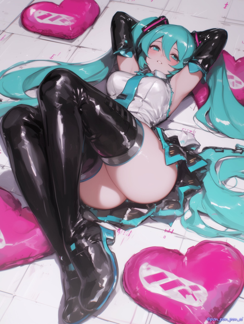 absurdres ai-generated aqua_eyes aqua_hair aqua_necktie armpits arms_behind_head arms_up ass black_footwear black_skirt black_sleeves black_thighhighs blush boots breasts detached_sleeves female hair_between_eyes hair_ornament hatsune_miku heart high_heels highres large_breasts long_hair looking_at_viewer lying medium_breasts miniskirt necktie on_back parted_lips pleated_skirt pon_pon_pon_ai shiny_clothes shirt shoes skirt sleeveless sleeveless_shirt solo thick_thighs thigh_boots thighhighs thighs tile_floor tiles twintails very_long_hair vocaloid