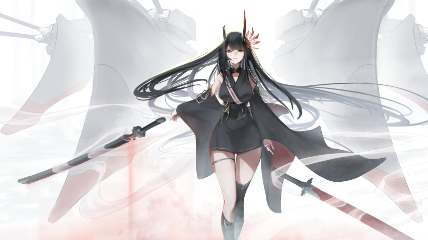 asymmetrical_horns azur_lane black_dress black_footwear black_hair black_horns detached_sleeves dress female floating floating_object floating_sword floating_weapon flower hiei_(azur_lane) hiei_(meta)_(azur_lane) highres horns katana long_hair long_sleeves looking_at_viewer red_eyes rigging ryosuke1225 sheath sheathed solo spider_lily sword turret very_long_hair weapon wide_sleeves