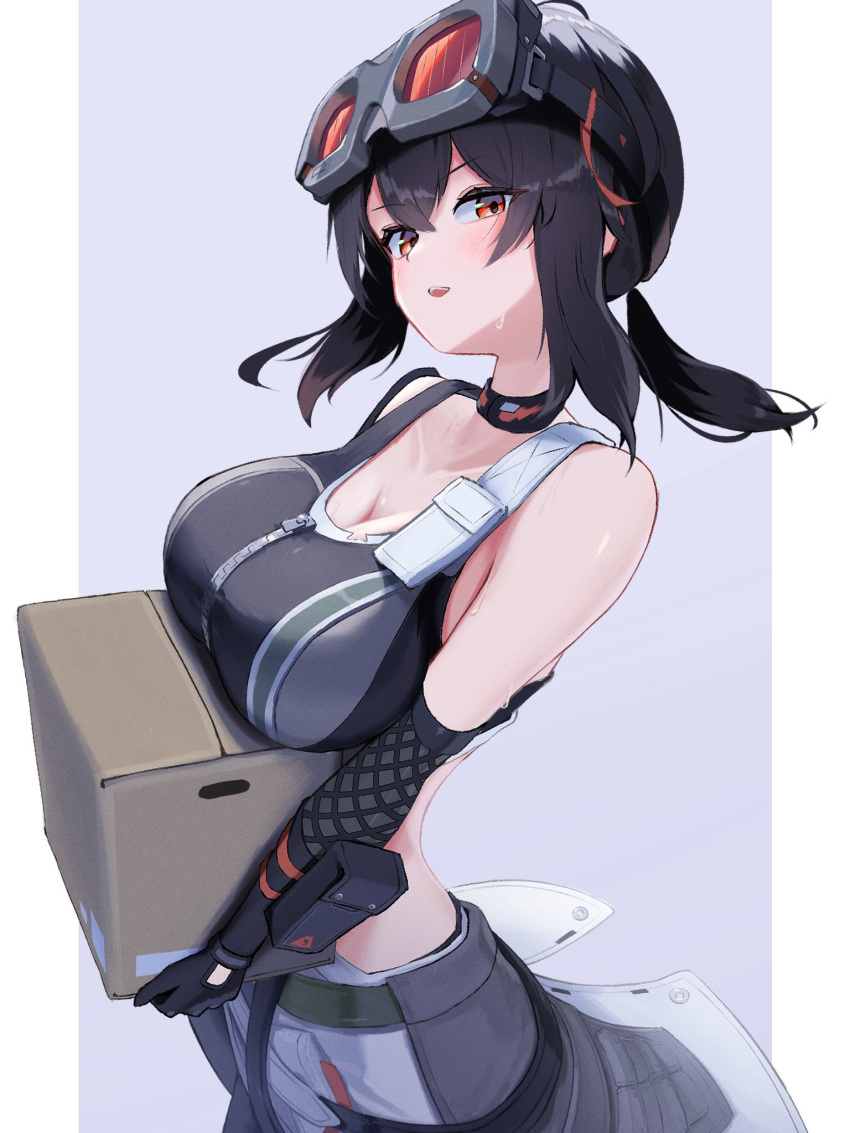 :d aimo_wotku bare_shoulders black_gloves black_hair box breasts cleavage crop_top elbow_gloves female gloves goggles goggles_on_head grace_howard highres holding holding_box large_breasts looking_at_viewer low_ponytail medium_hair midriff open_mouth orange_eyes sidelocks smile solo sports_bra zenless_zone_zero