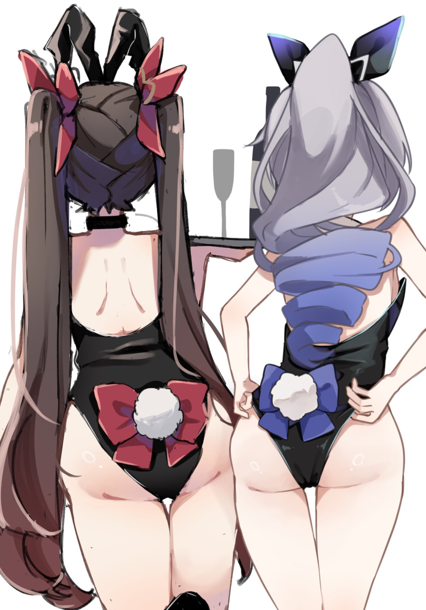 2girls alternate_costume animal_ears ass back black_choker black_hair black_leotard black_ribbon choker cowboy_shot cup drill_hair fake_animal_ears fake_tail from_behind grey_hair hair_ribbon highres holding holding_plate honkai:_star_rail honkai_(series) leotard long_hair multiple_girls plate playboy_bunny rabbit_ears rabbit_tail red_ribbon ribbon silver_wolf_(honkai:_star_rail) simple_background sparkle_(honkai:_star_rail) tail thighhighs twintails white_background yoshino_mugiko