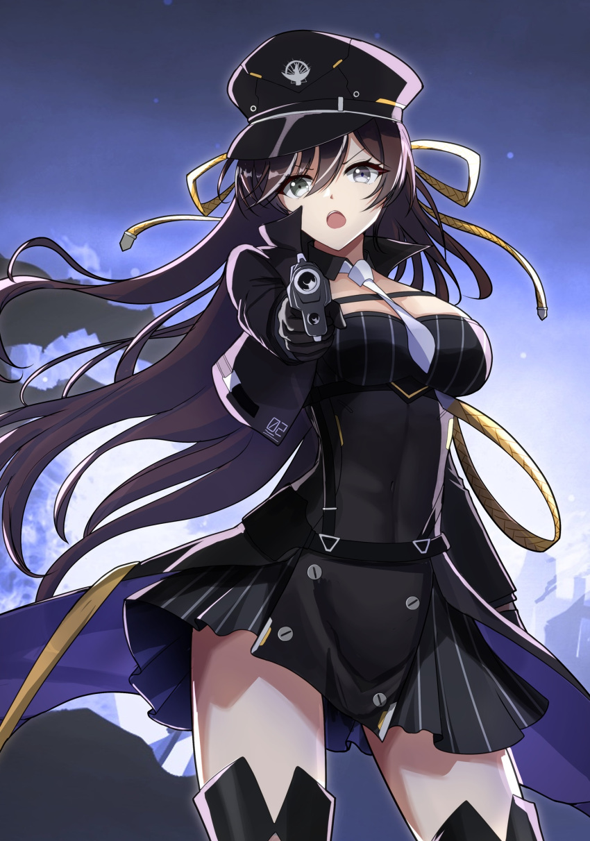 :o aiguillette aiming aiming_at_viewer backlighting black_dress black_hat black_jacket breasts brown_hair chest_strap collared_jacket commentary counter:side cowboy_shot cropped_jacket dress dusk emblem female floating_hair grey_eyes gun hair_between_eyes handgun hat heterochromia high_collar highres holding holding_gun holding_weapon jacket karin_wong large_breasts long_hair long_sleeves looking_at_viewer military_hat multicolored_hair necktie osunahanko pelvic_curtain pinstripe_dress pinstripe_pattern purple_eyes solo standing streaked_hair teeth thighhighs underbust upper_teeth_only v-shaped_eyebrows weapon white_hair white_necktie