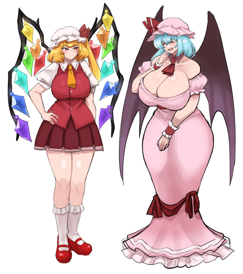 2girls adapted_costume aged_up ascot bare_shoulders bat_wings blonde_hair blue_hair breasts cleavage closed_eyes closed_mouth collarbone collared_shirt commentary_request crystal_wings detached_collar dobonge dress dress_ribbon fangs fingernails flandre_scarlet frilled_socks frilled_wrist_cuffs frills full_body hand_on_own_hip hand_to_own_mouth hat hat_ribbon highres huge_breasts large_breasts legs_together light_blush long_dress long_fingernails looking_at_another mary_janes medium_hair mob_cap multiple_girls off-shoulder_dress off_shoulder open_mouth pink_dress pink_hat pleated_skirt puffy_short_sleeves puffy_sleeves red_ascot red_eyes red_footwear red_ribbon red_skirt red_vest remilia_scarlet ribbon sharp_fingernails shirt shoes short_sleeves side_ponytail skirt smile socks standing teeth touhou vest white_background white_hat white_shirt white_socks wide_hips wings wrist_cuffs yellow_ascot