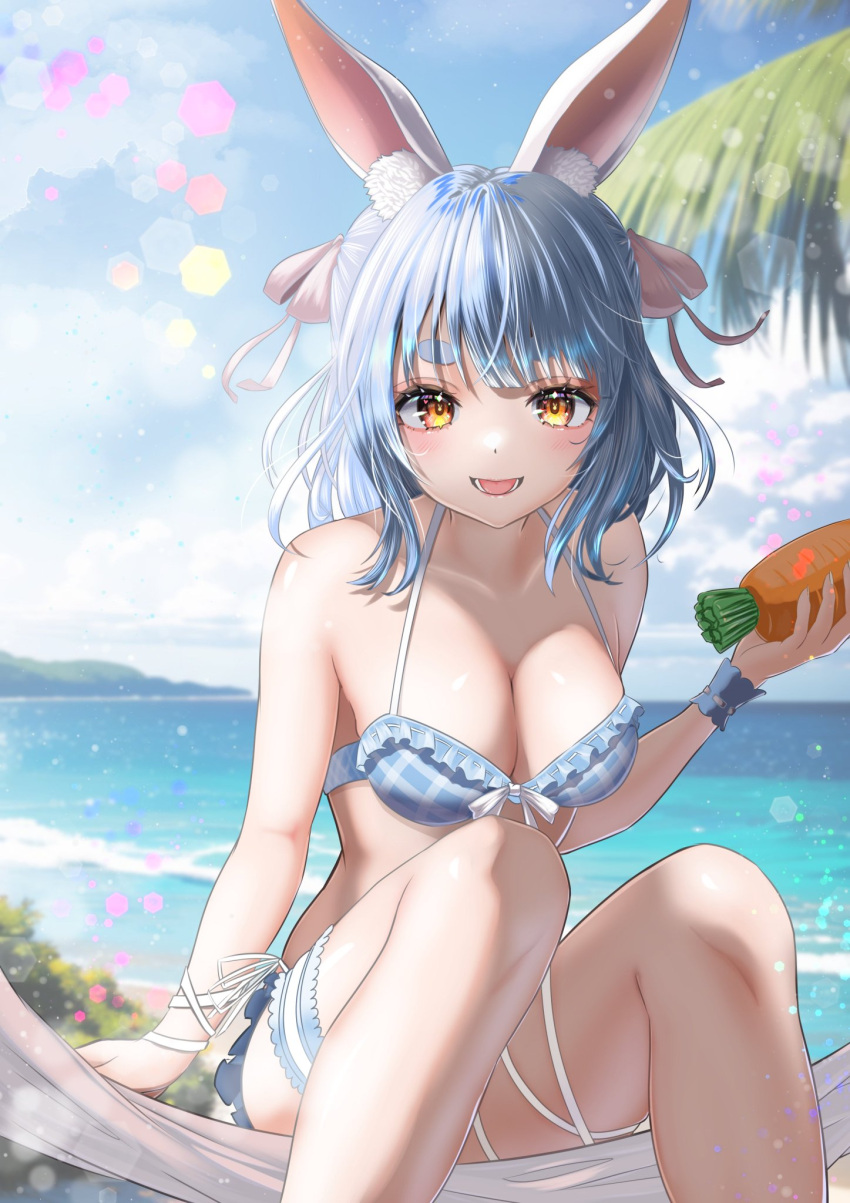 animal_ear_fluff animal_ears bikini blue_bikini blue_hair blush bow breasts carrot female food frilled_bikini frills hairbow hammock highres holding holding_food hololive large_breasts long_hair looking_at_viewer navel official_alternate_costume open_mouth orange_eyes outdoors rabbit-shaped_pupils rabbit_ears rabbit_girl short_eyebrows sitting smile solo swimsuit symbol-shaped_pupils usada_pekora usada_pekora_(summer) virtual_youtuber wakaunderblade7 white_bow