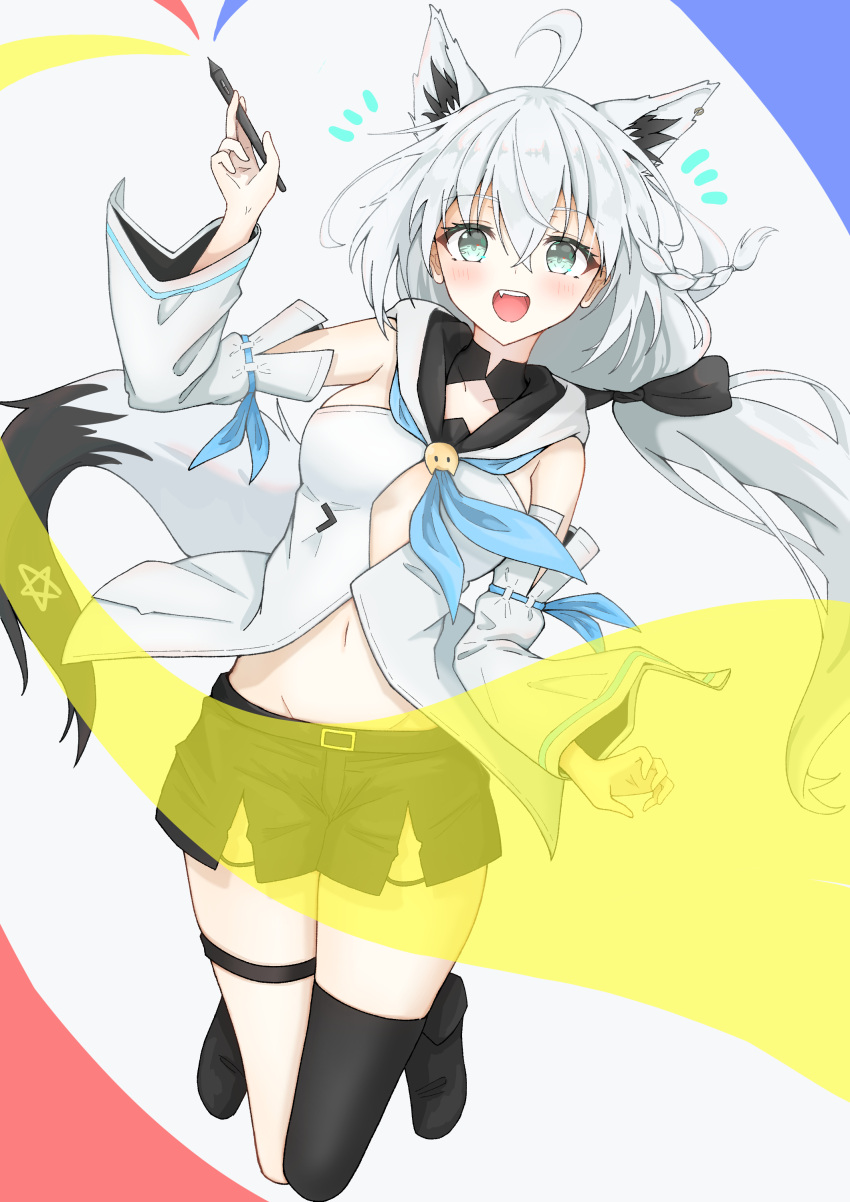 absurdres ahoge animal_ears aqua_eyes arm_up black_footwear black_ribbon black_shorts black_thighhighs blush braid chikuwa_(user_kngc4387) commentary detached_sleeves female floating_hair fox_ears fox_girl fox_tail front_slit full_body hair_ribbon highres hip_bones holding holding_stylus hololive hood hooded_vest hoodie long_hair long_sleeves looking_at_viewer low_ponytail midriff navel notice_lines open_mouth pentagram ribbon shirakami_fubuki shirakami_fubuki_(1st_costume) shorts side_braid simple_background single_thighhigh smile solo strapless stylus tail teeth thigh_strap thighhighs upper_teeth_only vest virtual_youtuber white_background white_hair white_sleeves white_vest wide_sleeves